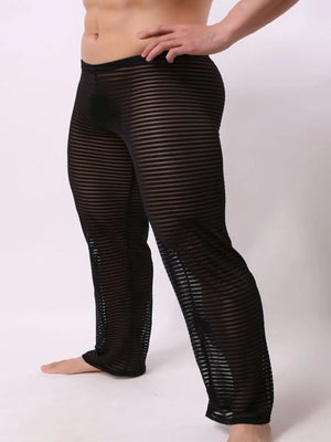 Black sheer flare trousers with horizontal stripes, full length.