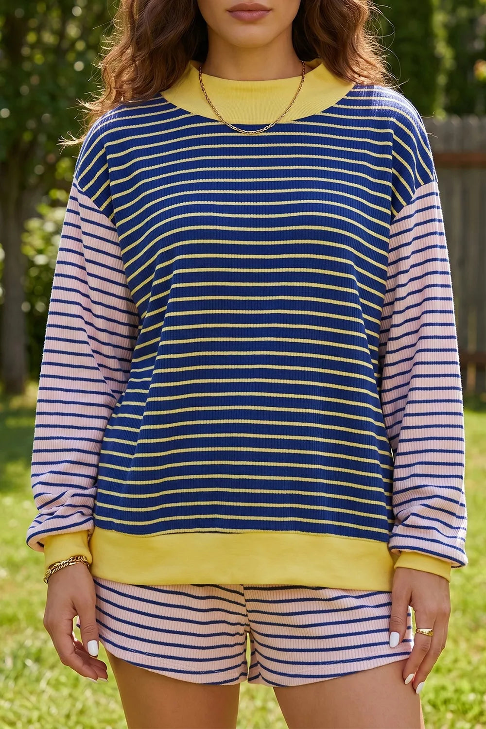 Stripe Color Block Ribbed Knit Two-piece Set, close-up detail