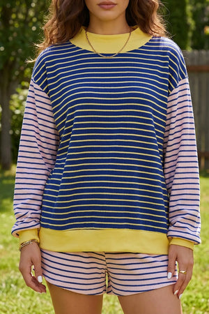 Stripe Color Block Ribbed Knit Two-piece Set, close-up detail