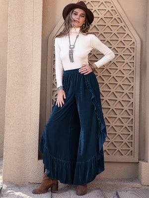 Dark blue velvet ruffle slit palazzo pants with a high waist and wide leg.
