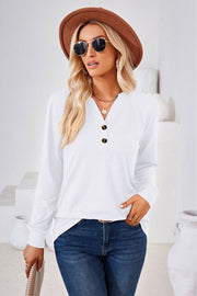 White henley neckline jersey top with button detail and long sleeves
