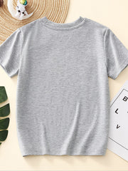 Toddler grey crew neck t-shirt with short sleeves.