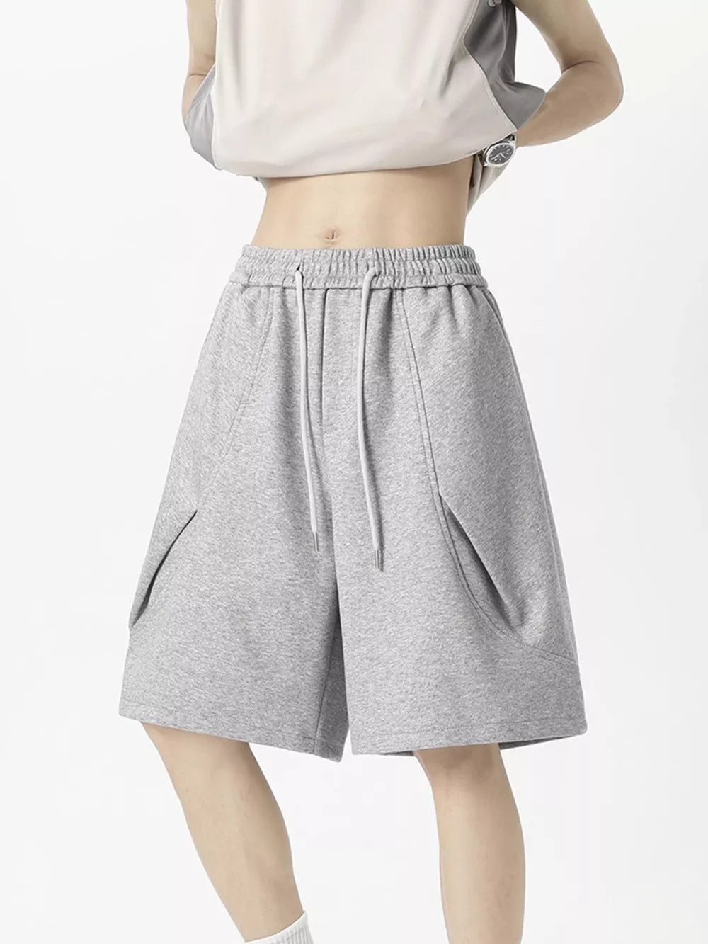 Men's grey comfortable drawstring jogger shorts with pockets