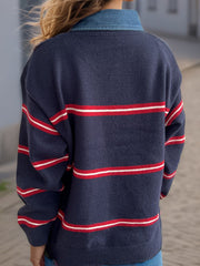 Indigo knit crewneck pullover with red and white nautical stripes and a denim collar.