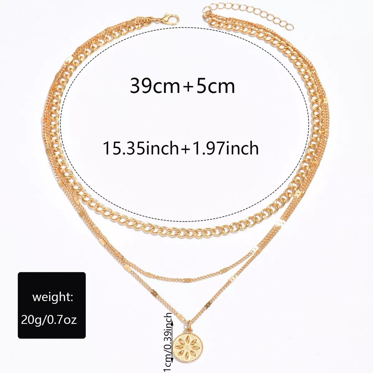 Gold layered pendant necklace with boho style chains and a floral charm.