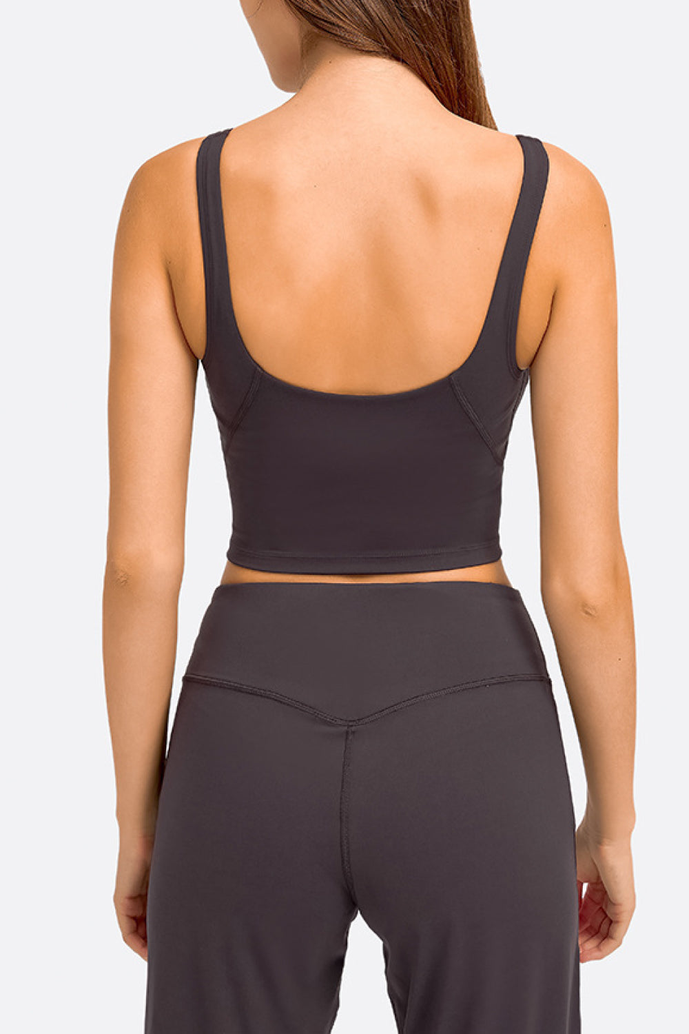 Sculpted Scoop Neck Crop Top in Gray with wide straps and a cropped fit.