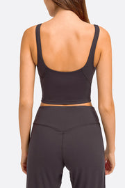 Sculpted Scoop Neck Crop Top in Gray with wide straps and a cropped fit.