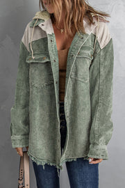 Colorblock corduroy hooded utility jacket in Sage with contrast panels and frayed hem.