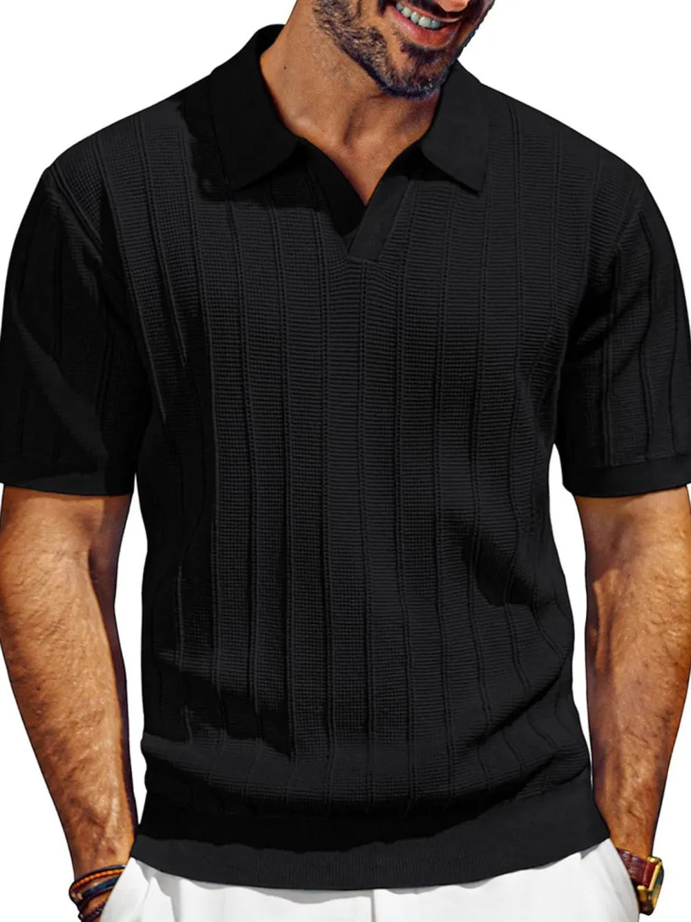 Black ribbed knit polo shirt with open placket and short sleeves.