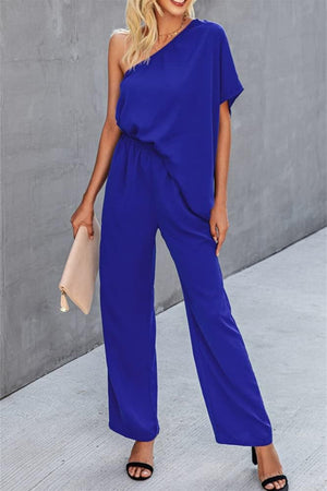 Royal blue asymmetric drape-sleeve wide-leg jumpsuit with elastic waist