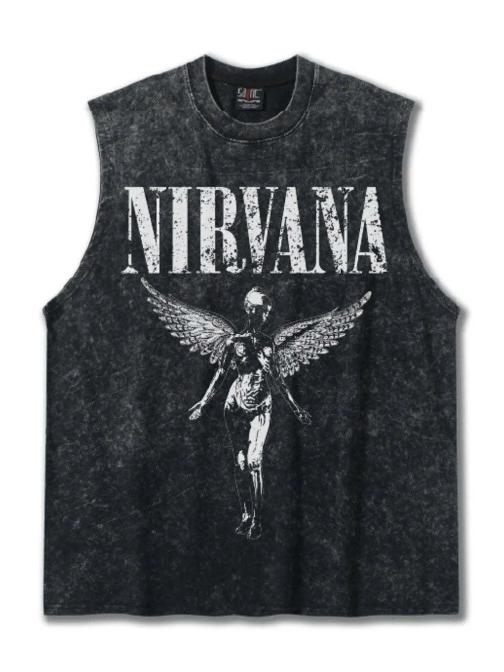 Men's black distressed cotton tank top with Nirvana graphic and winged figure.