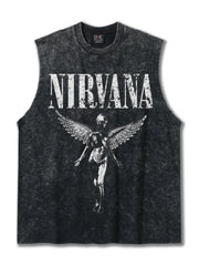 Men's black distressed cotton tank top with Nirvana graphic and winged figure.