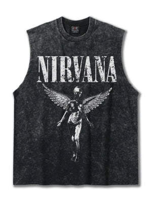 Men's black distressed cotton tank top with Nirvana graphic and winged figure.