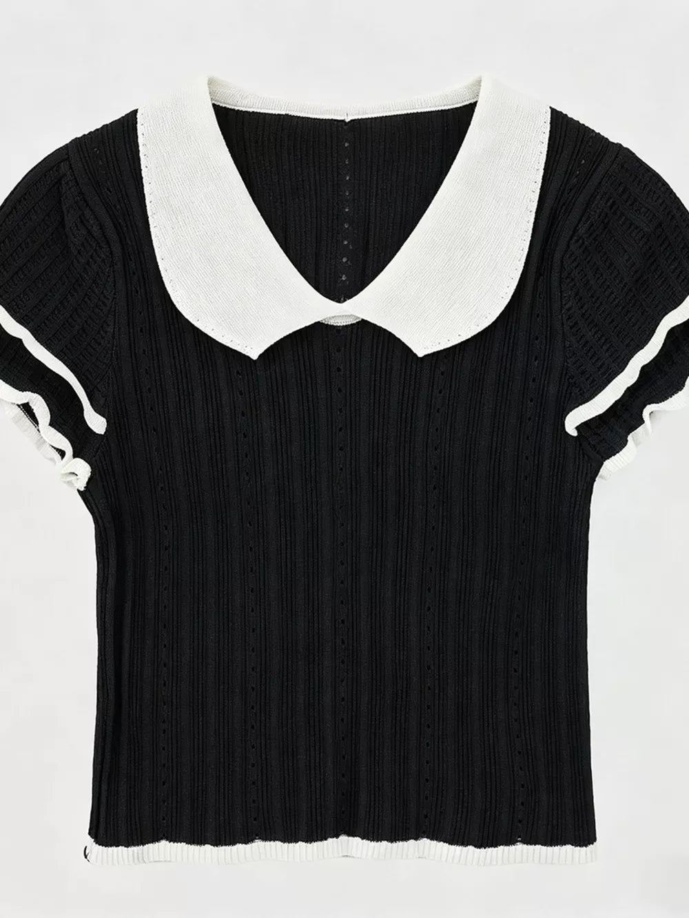 Black maternity t-shirt with white Peter Pan collar and ruffled cuffs.