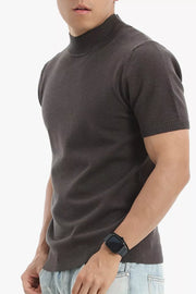 Men's dark gray knit mock neck short sleeve top with slim fit