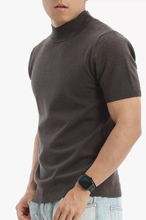 Men's dark gray knit mock neck short sleeve top with slim fit