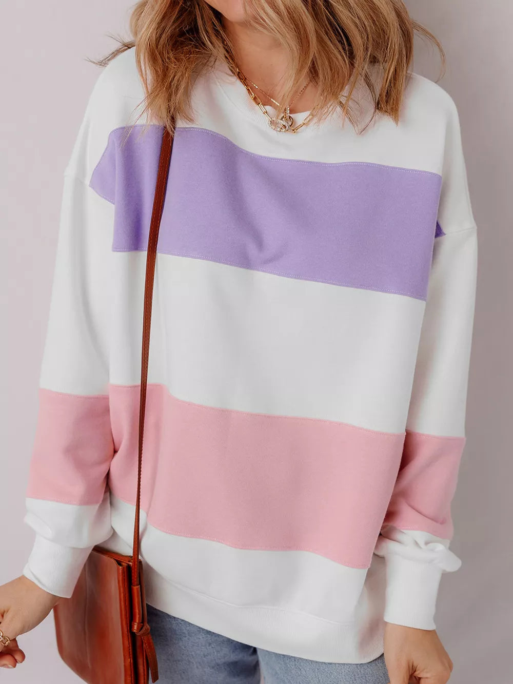 Colorblock Patchwork Drop Shoulder Sweatshirt in Multicolor, model styling view