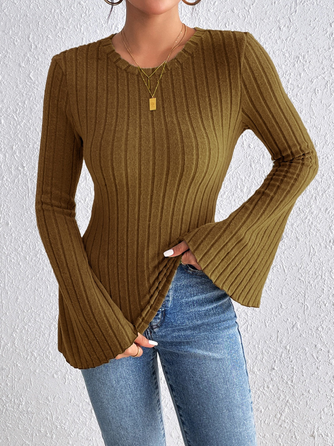 Olive brown ribbed sweater with flared sleeves and crew neck.