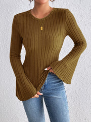 Olive brown ribbed sweater with flared sleeves and crew neck.