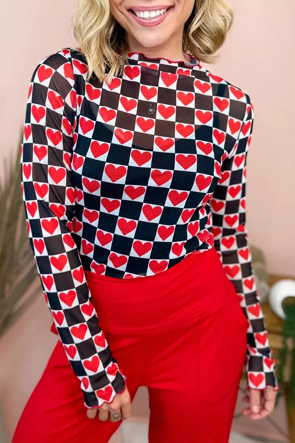 Plaid Heart Mesh Sheer Long Sleeve Top, product detail