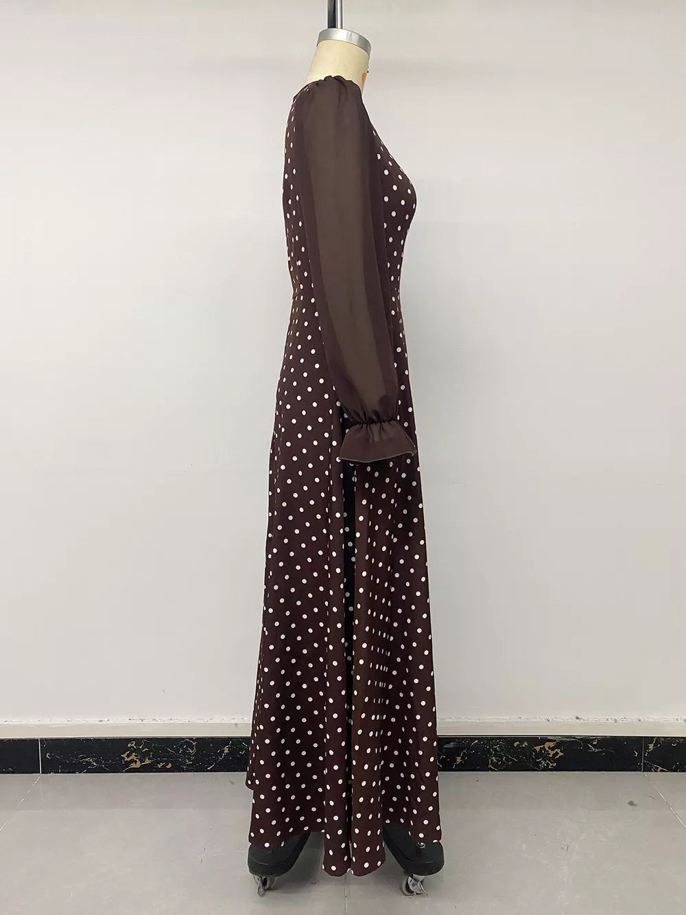 Polka Dot Square Neck Long Sleeve Maxi Dress in Brown, fit detail