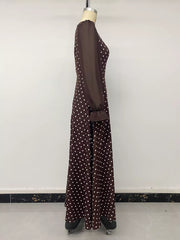Polka Dot Square Neck Long Sleeve Maxi Dress in Brown, fit detail
