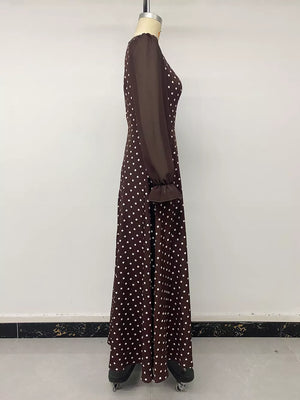 Polka Dot Square Neck Long Sleeve Maxi Dress in Brown, fit detail