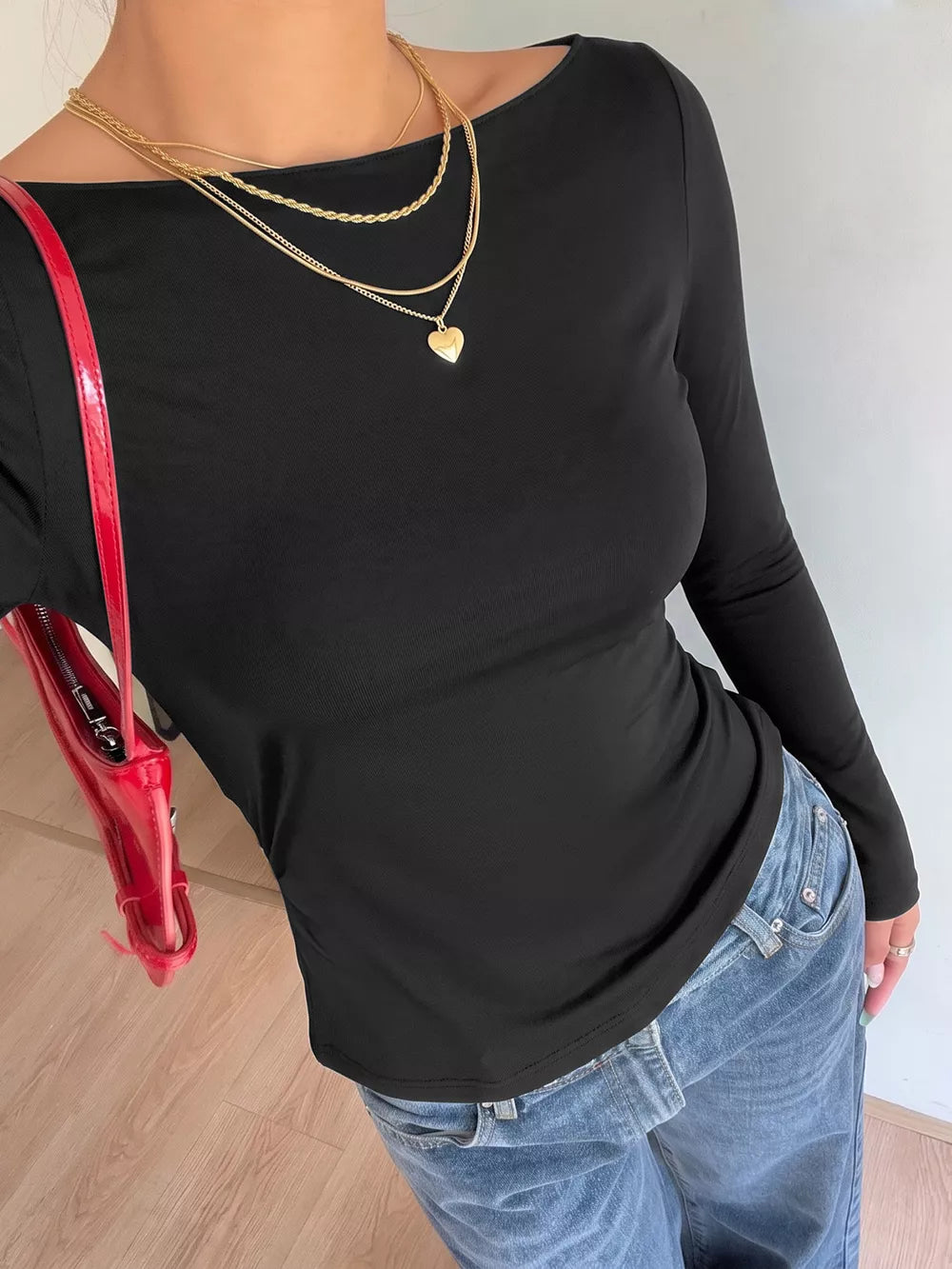 Lace Back Tie Long Sleeve Top in Black, close-up detail