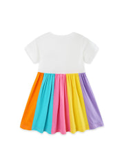 Toddler rainbow striped dress with short sleeves and a gathered skirt in orange, blue, pink, yellow, and purple cotton.