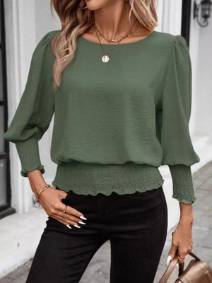 Puff Sleeve Smocked Blouse in Khaki, product detail