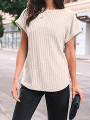 Ribbed knit t-shirt in light beige with short cuffed sleeves and a crew neck.