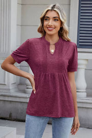Plum purple pleated yoke keyhole neckline short sleeve casual top