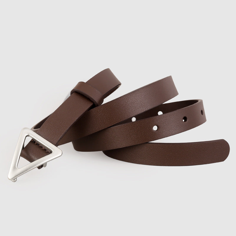 Brown cowhide leather belt with silver triangle buckle and adjustable holes