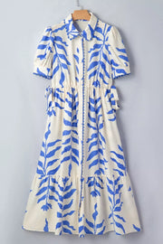 Maxi dress with botanical print, collared neckline, short sleeves, and side ties.