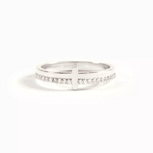 Silver cross ring with pave crystal band