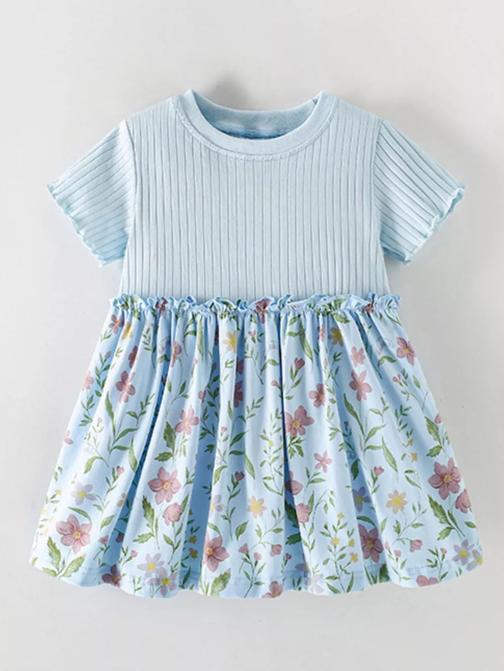 Light blue ribbed knit baby dress with floral print skirt and ruffled detail