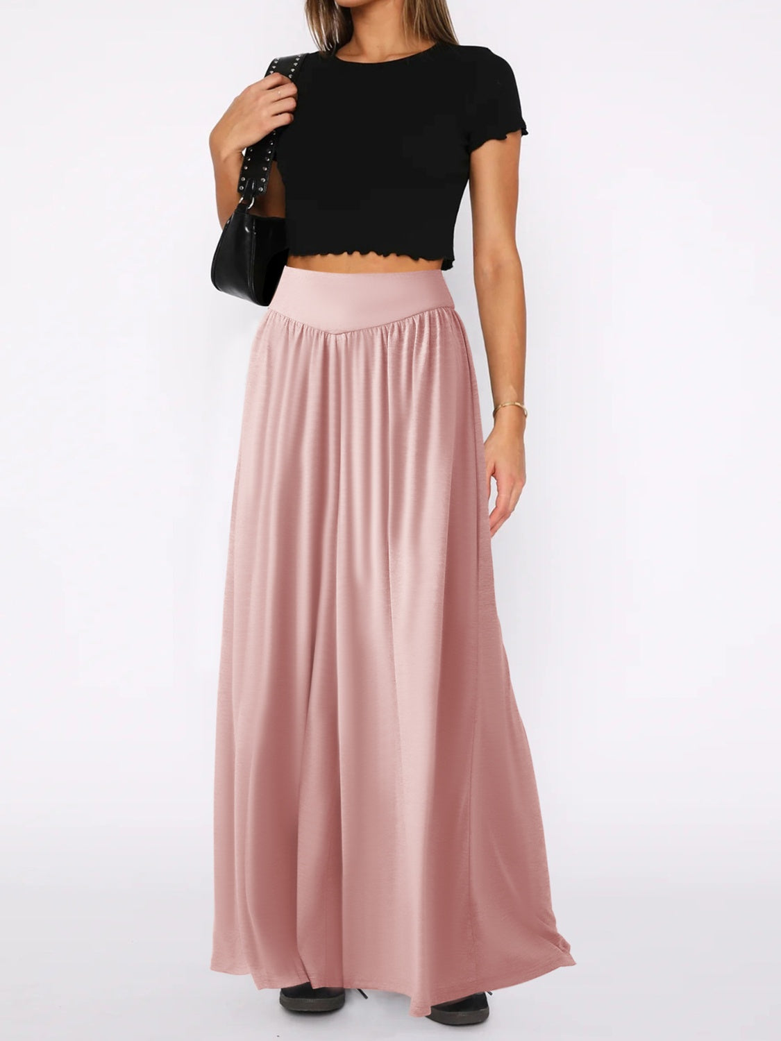 Drape-front wide-leg jersey trousers in Moonlit Mauve with a high waist and flowy silhouette.