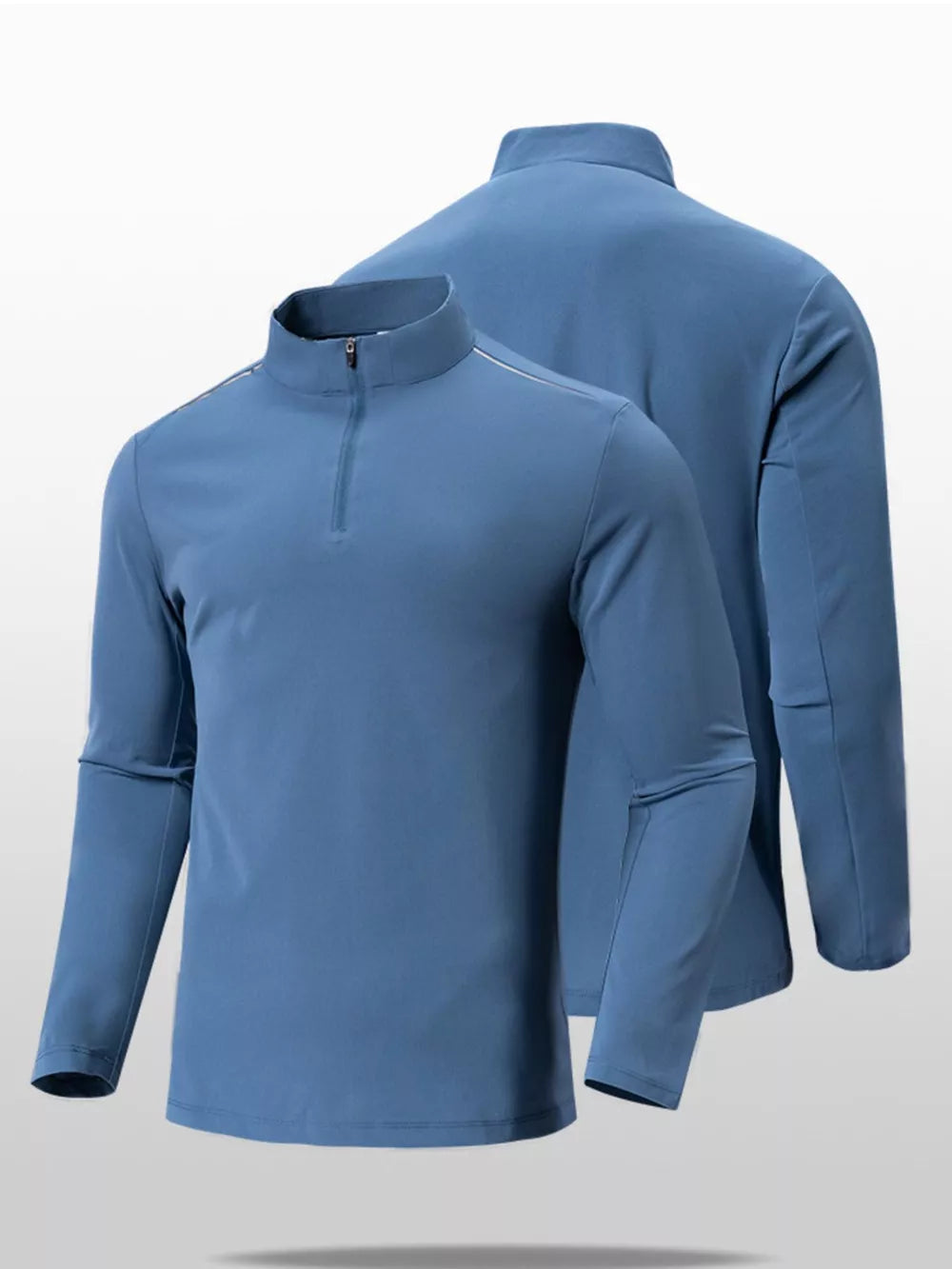 Dusty Blue quarter-zip active t-shirt for men with a mock neck and long sleeves.