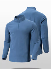 Dusty Blue quarter-zip active t-shirt for men with a mock neck and long sleeves.