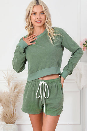 Gum Leaf lounge set with crewneck sweatshirt and drawstring shorts