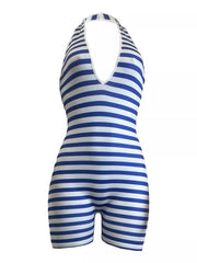 Blue and white striped maternity romper with halter neck and short legs