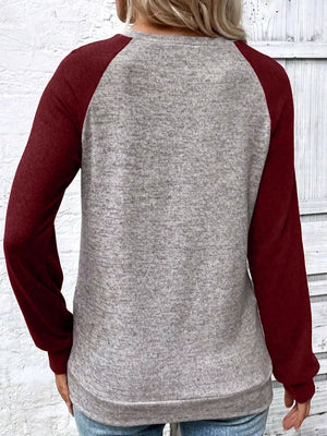 Contrasting Sleeve Casual T-shirt in heather grey with burgundy raglan sleeves.