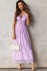 Lavender lace midi dress with V-neck, flutter sleeves, and scalloped hem.