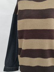 Brown and tan striped knit sweater with black denim sleeves.