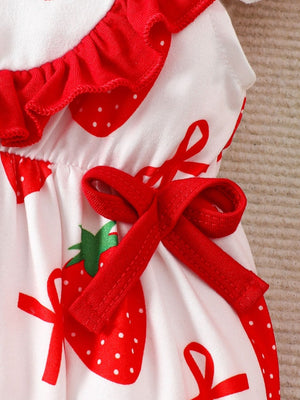 Strawberry floral ruffle one-piece set in white cotton with red strawberry print and bows.