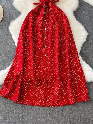 Red polka dot maxi dress with button front and tie neck detail.