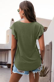 Matcha green t-shirt with ruffled sleeves and a curved hem.