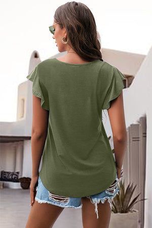 Matcha green t-shirt with ruffled sleeves and a curved hem.