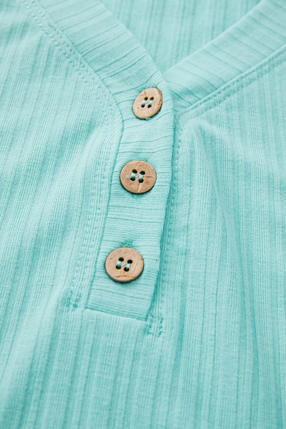 Ribbed Tiffany Blue Henley tank top with three wooden buttons and V-neck detail.