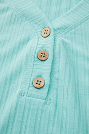 Ribbed Tiffany Blue Henley tank top with three wooden buttons and V-neck detail.